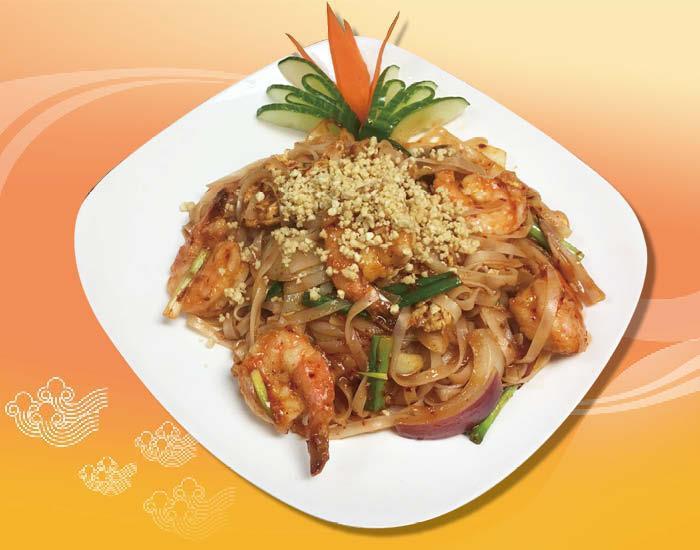 R4. Pad Thai · Stir-fried rice stick noodle with egg, scallion, and onion in spicy Thai sauce. Topped with crushed peanut. Hot and spicy.