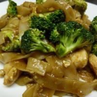 Broccoli Noodles · Pad-see-law. Stir fried flat rice noodles with chicken, mild black soy sauce, broccoli and e...