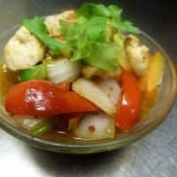 Pepper Chicken · Kai-pad-prik. Tender chicken slices sauteed with onions, red and green bell peppers, carrots...