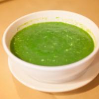 Spinach Asparagus Soup · Soup made with fresh spinach and asparagus puree and melted vegan mozzarella cheese. Gluten ...