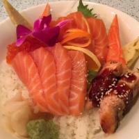 Fancy Sake Don · Salmon sashimi, grilled salmon, salmon roe with rice