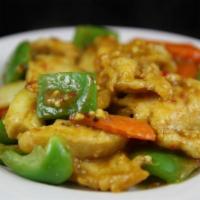8. Curry Chicken · White meat chicken, carrots, onions and green bell peppers stir-fried in a yellow curry sauc...