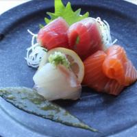 Sashimi Sampler · Bigeye tuna, salmon, and Japanese yellowtail 2 piece each.