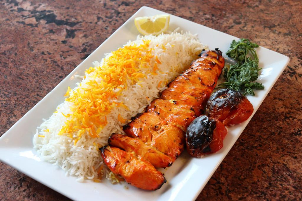 Barg Kabob (Chicken) · A skewer of thin slices of skinless chicken breast marinated and elegantly cooked to satisfy your taste.