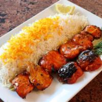Chicken Thigh Kabob · Marinated pieces of boneless skinless thigh chicken charbroiled.