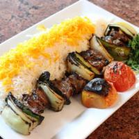 Shish Kabob (Beef) · Marinated cubes/chunks of filet mignon, skewered with onions and bell peppers.