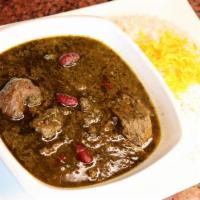 Ghormeh Sabzi (Beef or Veggie) · Finely chopped fresh parsley, leeks, scallions, onions, other herbs and spices sauteed then ...