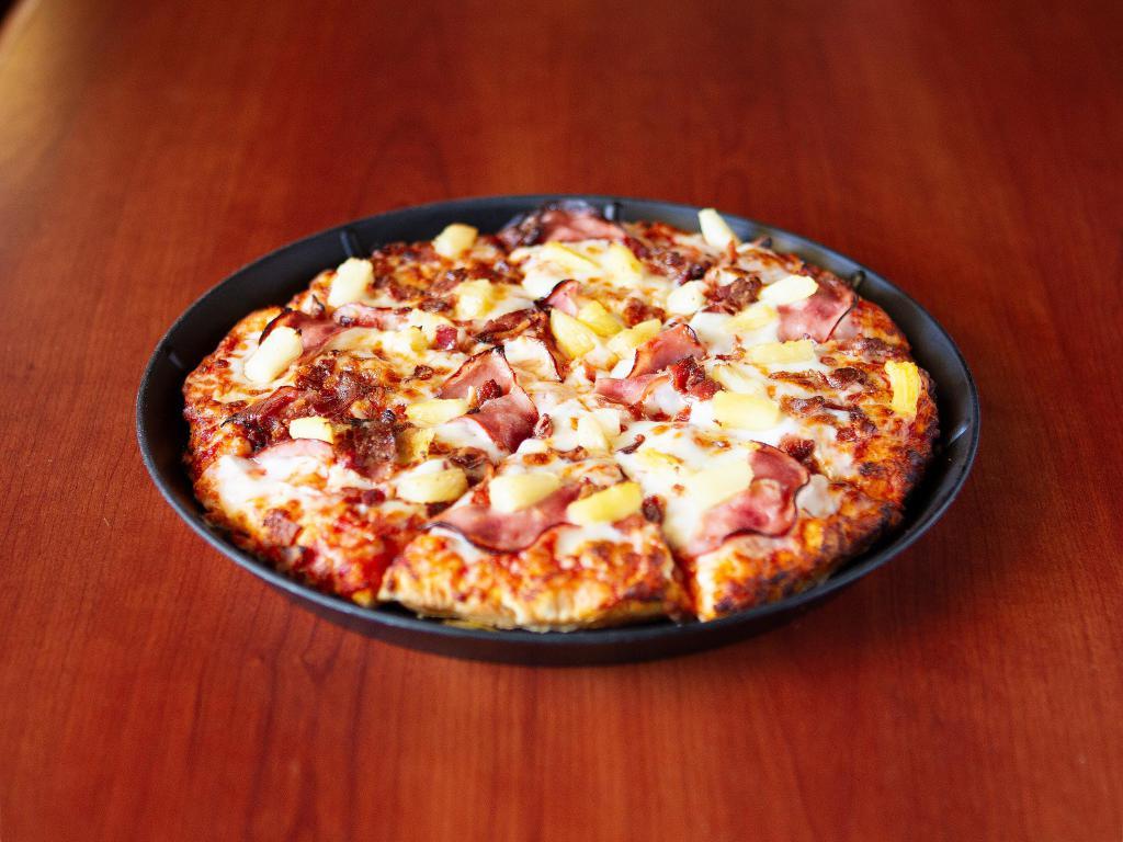 Hot Hawaiian Pizza · Smoked ham, bacon, pineapple and mozzarella with red sauce.