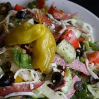 Chopped Antipasto Salad Dinner · Capicola ham, Genoa salami, pepperoni, Roma tomatoes, cucumbers, mixed bell peppers, peppero...