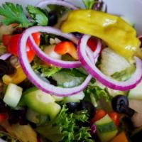 Garden Salad Dinner · Carrots, red cabbage, Roma tomatoes, radishes, bell peppers, black olives, onions, pepperonc...