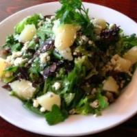 Chopped Gorgonzola Pear Salad · Gorgonzola, pears, candied walnuts, cranberries tossed with house made sweet pear dressing.