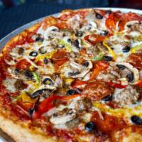 New York Combo Pizza · Pepperoni, Italian sausage, meatballs, mixed bell peppers, mushrooms, onions and black olives.