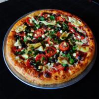 Mediterranean Pizza · Spinach, Roma tomatoes, red onions, sun dried tomatoes, artichokes, Kalamata olives and feta.
