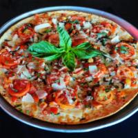 Classic Margherita Pizza · Garlic butter, Roma tomatoes, onions, fresh basil, roasted garlic, pecorino and balsamic vin...