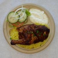 1/2 Chicken Plate · 1/2 chicken served with rice or 2 pitas or fries, salad and garlic sauce.