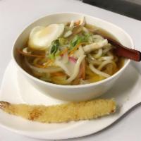 Nabe Yaki Noodles · Noodle soup with chicken, vegetable, egg and 1 piece of shrimp tempura.