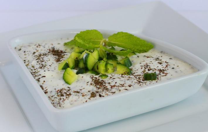 Mast-o Khiyar · Diced cucumbers and yogurt, flavored with crushed dried mint leaves.
