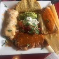Fiesta Platter · Combination of tamale, chile relleno, chispy beef taco, and chicken enchilada. Side of guaca...