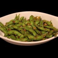 Spicy Garlic Edamame · Delicately sauteed soybeans with kosher salt, crushed pepper and fresh garlic.