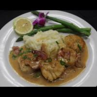 Eurasia Seared Scallop · Pan seared jumbo wild Japanese scallop served over mashed potatoes, steamed asparagus and ba...