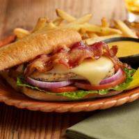 Chicken, Jack and Bacon Sandwich · Grilled chicken breast topped with melted Jack cheese and crisp bacon on a toasted bun. Serv...