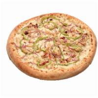 Garlic Chicken Pizza · Garlic basil sauce, sun-dried tomatoes, grilled chicken, red onions, green peppers, roasted ...