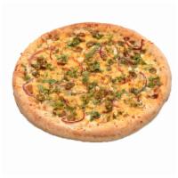 Southwest Chicken Pizza · Zesty chipotle pesto, seasoned grilled chicken strips, red onions, corn, jalapeno, fresh cil...