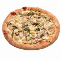 Spinach Artichoke Delight Pizza · Extra virgin olive oil base, fresh basil, fresh spinach, red onions, marinated artichoke hea...
