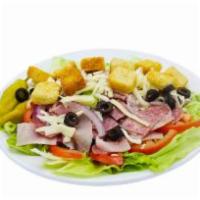 Antipasto Salad · Fresh crispy lettuce, topped with ham, salami, cheese, tomatoes, onions, pepperonicini peppe...