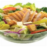 Happy Salad · Fresh crispy lettuce, topped with chicken tenders, tomatoes, onions, pepperonicini pepper, s...