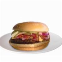 Bacon Cheeseburger · Topped with bacon, lettuce, tomato, pickles, red onions, cheese, mustard, ketchup and mayo. ...