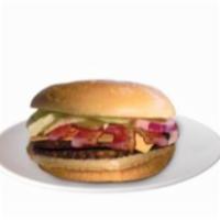 Bacon Double Cheeseburger · Topped with bacon, lettuce, tomato, pickles, red onions, cheese, mustard, ketchup and mayo. ...