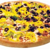 Veggie Pizza · Green peppers, onions, black olives, banana peppers and mushrooms.