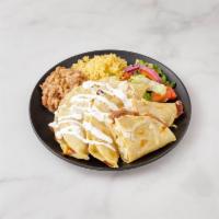 Pollo Quesadillas · Chicken. Order of 3. Served with rice and beans or salad.