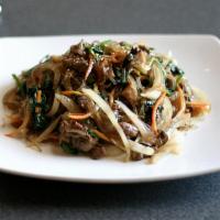 Jab Chae · Korean style pan-fried noodle (sweet potato clear noodle) with carrot, spinach, onion, and m...