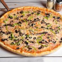 The Garden Pizza · Onions, black olives, red peppers, mushrooms, fresh garlic and broccolini.