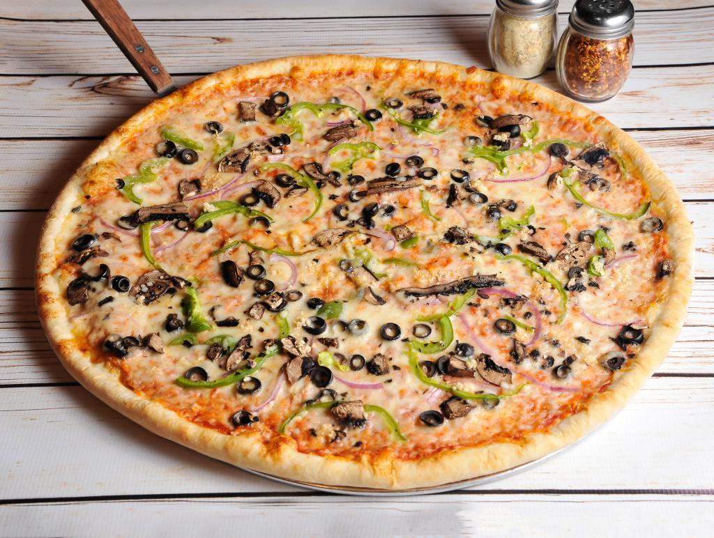 The Garden Pizza · Onions, black olives, red peppers, mushrooms, fresh garlic and broccolini.