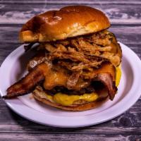 Bourbon Firecracker Burger · Grilled Jalapenos, bourbon glaze, bacon, onion strings, cheddar cheese, yellow mustard, garl...