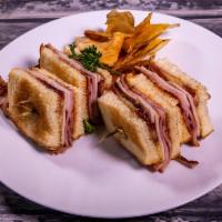 150 Sunset Club · Black forest ham, roasted turkey breast , crispy bacon,sun dried tomato mayo and muenster ch...