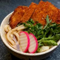 Pork Cutlet Udon · Thick noodle, pork cutlet, cabbage, carrot, and scallion.