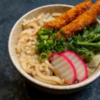 Shrimp Tempura Udon · Thick noodle, crunch, fried shrimp, cabbage, carrot, and scallions.
