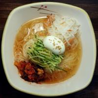 N19. Cold Noodle (Seasonal) · Noodle, cucumber, kimchi, pickled radish, egg, sesame in cold soup. Mildly spicy.