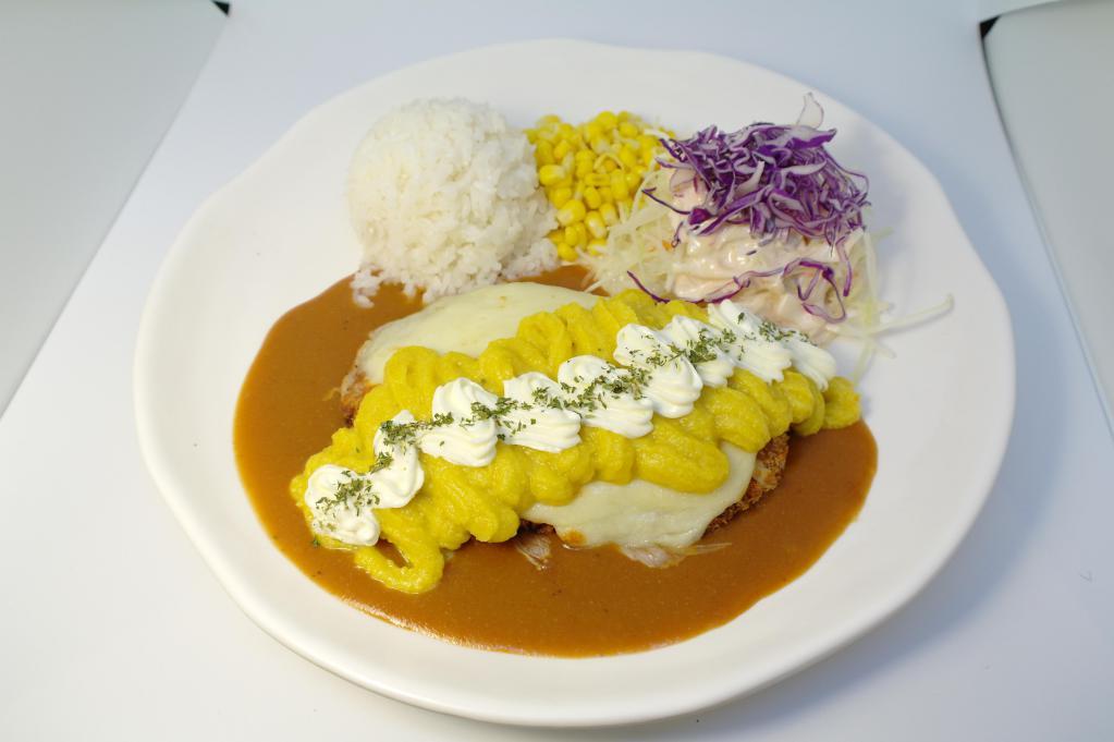 Sweet Potato Pork Cutlet with Cheese · Pork cutlet, sweet potato, sweet pumpkin, heaby cream, cream cheese, lettuce(or cabbage), and corn with gravy sauce and mozzarella cheese.