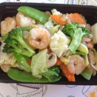 SF4. Vegetables Shrimp · Served with steamed rice. 