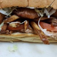 Fat Honey Sandwich · Grilled chicken, mozzarella sticks, fries, onion rings, honey mustard, lettuce and tomatoes.