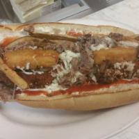 Fat Boy Sandwich · Cheesesteak, chicken fingers, mozzarella sticks, fries, mozzarella cheese, mayo and ketchup.