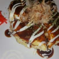 Mix Oko · Calamari, shrimp and pork belly. Savory cabbage pancake. Sweet cabbage, scallion, tenkasu, e...