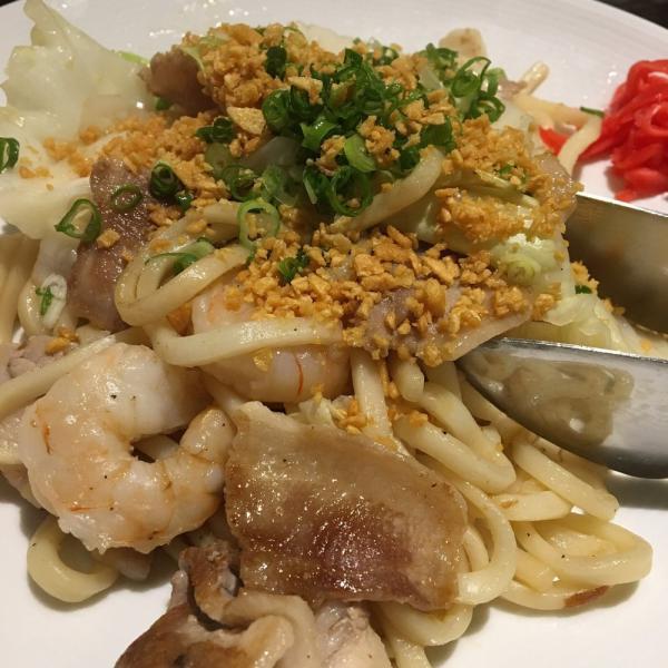 Garlic Udon · Cabbage, shrimp, calamari, crispy garlic, green onion and pork belly. fried noodles made exclusively for takumi.