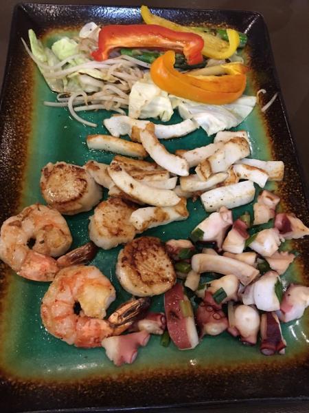 Assorted Seafood Pouch · Comes with grilled assorted vegetables, side salad, rice and miso soup.
