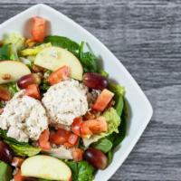 Waldorf Chicken Salad · Fresh made chicken salad (chicken breast mixed with celery and mayonnaise), mixed greens, fr...